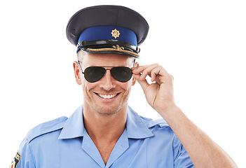 Image showing Police officer man in sunglasses isolated on a white background, career vision and portrait smile. Security, law and professional person or attractive model in uniform for justice and cool in studio