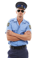 Image showing Portrait, police and officer with a man in uniform, standing arms crossed in studio isoltaed on a white background. Law, security and trust with a male policeman in sunglasses on blank space