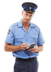 Image showing Parking fine, writing ticket and portrait of police on white background with notepad for traffic laws. Crime, law enforcement and face of policeman, security guard and safety officer write on paper