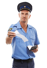 Image showing Law, portrait and police officer with a ticket for a crime isolated on a white background in a studio. Security, guard and man working in safety with a citation for a traffic offense on a backdrop