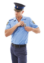 Image showing Police man, cash bribe and corruption, sneaky face and illegal activity, break rules and dollar bills isolated on white background. Fraud, crime and money laundering, law enforcement steal in studio