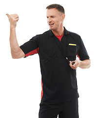 Image showing Sports, whistle and male coach in a studio giving instructions, direction or rules for a match. Fitness, workout and professional man referee with a training gesture isolated by a white background.