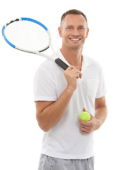 Image showing Portrait, tennis sports and man in studio isolated on a white background for exercise. Training, badminton and happy mature male with racket and ball ready to start workout or exercising for wellness