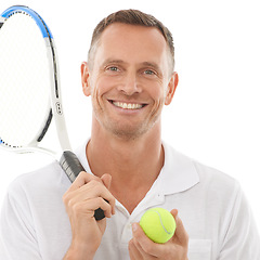 Image showing Face portrait, tennis sports and man in studio isolated on a white background for exercise. Training, athlete or happy mature male with racket and ball ready to start workout or exercising for health
