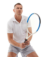 Image showing Tennis, sports fitness and man in studio isolated on a white background for exercise. Training, thinking and mature male holding racket ready to start workout for game practice, health and wellness