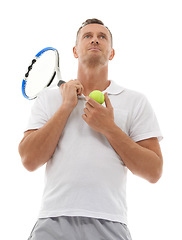 Image showing Sports tennis, fitness and man in studio isolated on white background for exercise. Training, thinking or mature male holding racket and ball ready to start workout or practice for health or wellness
