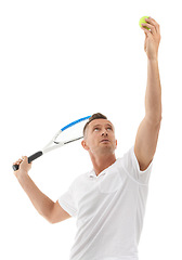 Image showing Sports fitness, tennis and man in studio isolated on white background for exercise. Training, athlete or mature male holding racket ready to hit ball for workout, game or practice, health or wellness