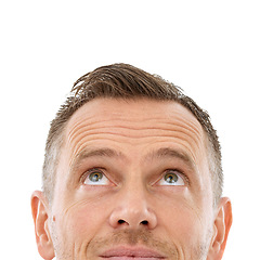 Image showing Man face, looking up and mockup space for thinking, advertising or promotion isolated on a white background. Person with copyspace idea for logo, brand or barber sale with eyes and studio headshot