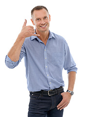 Image showing Portrait, call me hands and business man in studio isolated on a white background. Boss, ceo and happy male entrepreneur with cool hand gesture for shaka sign, symbol or emoji for communication.