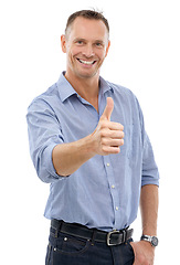 Image showing Man, studio and thumbs up portrait with hand for support, yes or like emoji isolated on a white background. Happy model person with sign or icon for thank you, vote or review for winning motivation