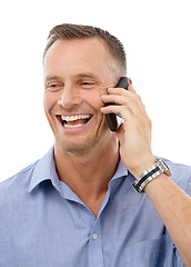 Image showing Phone call, contact and networking with a mature man in studio isolated on a white background. Mobile, talking and conversation with a handsome male on blank space for communication or chatting