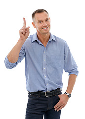 Image showing Question, hand and portrait of a man pointing for communication isolated on a white background. Happy, curious and businessman with a gesture for a vote, answer or volunteering on a backdrop