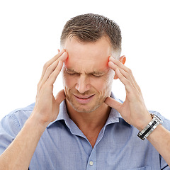 Image showing Stress, headache and business man in studio with migraine isolated on a white background. Mental health, burnout and face of mature male entrepreneur with anxiety, pain or head ache and depression.