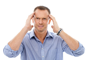 Image showing Portrait, headache and stress of business man in studio with migraine isolated on a white background. Mental health, burnout and face of mature male entrepreneur with anxiety, pain or depression.