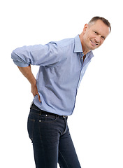Image showing Portrait, business man and back pain in studio isolated on a white background. Burnout, fatigue stress and mature male entrepreneur with fibromyalgia, arthritis or painful spine injury after accident
