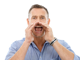 Image showing Shouting, yelling and portrait of a man with an announcement isolated on a white background. Screaming, crazy and businessman cupping hands for gossip, conversation or communication on a backdrop