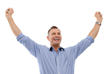 Image showing Yes, winner and man isolated on a white background for winning, success and bonus arms or fist pump. Celebration, freedom and happy person or model for sales, profit or achievement on studio mockup