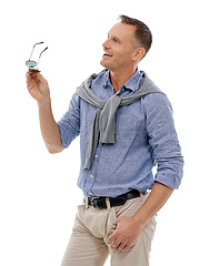 Image showing Happy, man and mature person with isolated white background in a studio feeling calm. Sunglasses, vacation fashion and holiday clothes of a male model with mockup and happiness with a smile