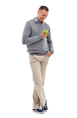 Image showing Man, apple fruit and healthy eating for health, diet and wellness isolated on a white background. Model person with vegan nutriot food for a green lifestyle, motivation and clean eating with space