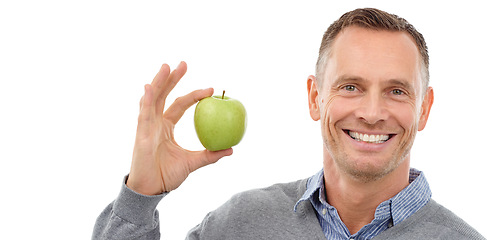 Image showing Man, happy portrait and apple in hand for health, diet and wellness isolated on a white background. Model person with vegan nutrition apple food for a healthy lifestyle, motivation and clean eating