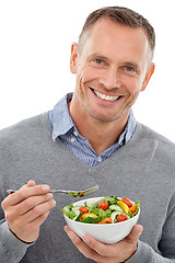 Image showing Salad, vegetables and and portrait of a man with bowl for diet and wellness isolated on a white background. Happy model person with vegan nutrition food for healthy lifestyle, motivation and health