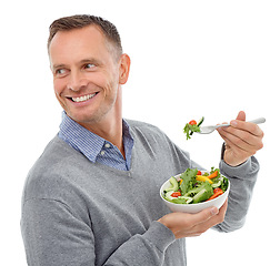 Image showing Man with salad, vegetables and smile while eating, healthy lifestyle with vegan and diet isolated on white background. Happy person, food wellness and nutrition, health and organic vegetable meal