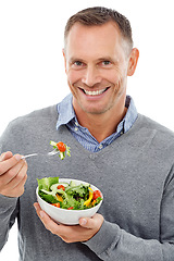 Image showing Man, green salad and portrait for health, diet and wellness isolated on a white background. Happy model person with vegan nutrition food bowl for healthy lifestyle, motivation and eating vegetables