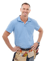 Image showing Construction worker, tools belt and portrait of man on white background for engineering, maintenance and building. Manual labor, repair service and face of contractor, builder and handyman with gear