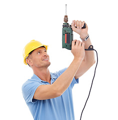 Image showing Drill, construction tools and man with ppe helmet for engineering, maintenance and building. Manual labor, repair service and contractor, builder and handyman with electric gear on white background