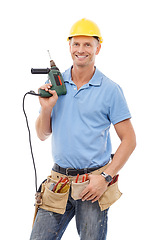 Image showing Drill, construction tools and portrait of man with smile in engineering, maintenance and building. Manual labor, repair service and contractor, builder and handyman with gear belt on white background