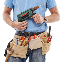 Image showing Drill, construction and hands of man with tools belt for engineering, maintenance and building on white background. Manual labor, technician service and contractor, builder and handyman with gear bag