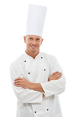 Image showing Leadership, confidence and portrait of chef with smile, cafe owner and small business in restaurant industry. Isolated on white background, happy executive cook in uniform and arms crossed in studio.