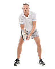 Image showing Tennis, sports portrait and man in studio isolated on white background for exercise. Training, athlete and mature male holding racket ready to start workout for fitness, game practice or wellness.