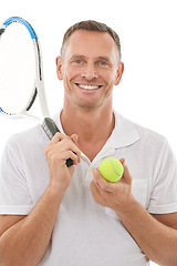 Image showing Tennis sports, portrait and man in studio isolated on white background for exercise. Training, athlete or face of happy mature male with racket and ball ready to start workout for health or wellness.