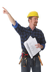 Image showing construction worker pointing on architectural plans