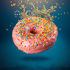 Image showing Flying pink donut