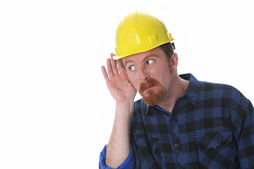 Image showing construction worker with hand on ear 