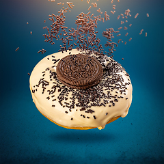 Image showing Flying donuts with glaze