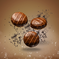 Image showing Flying doughnuts with chocolate glaze