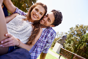 Image showing Couple portrait, love or date on grass, nature park or garden on valentines day, romance hug or anniversary bonding. Smile, happy woman or embrace man in relax environment, care or partnership picnic