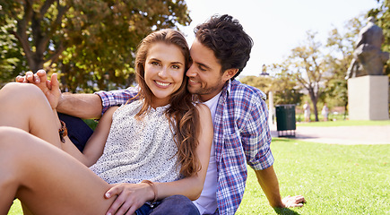 Image showing Couple, portrait or bonding on picnic date, valentines day or love break in nature park, garden or backyard romance. Smile, happy or man and woman in relax trust, security or support on green grass