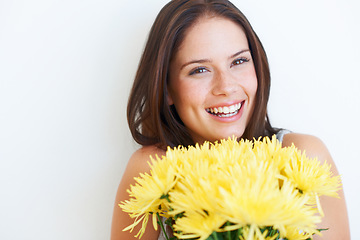 Image showing Happy, smile and flowers with portrait of woman and mockup for spring, celebration and gift. Floral, summer and beauty with girl and bouquet isolated on white background for date, present and event