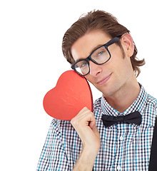 Image showing Love, nerd and portrait of man with heart emoji or icon for romance and valentines day isolated on white background. Smile, happy geek and valentine shape surprise with glasses and bow tie in studio.