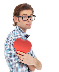 Image showing Love, depression and portrait of man with heart emoji, romance and valentines day isolated on white background. Waiting, sad geek and valentine shape chocolate box with glasses and bow tie in studio.