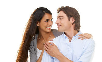 Image showing Happy, love and couple hug in studio, smile and relax while bonding on white background. Interracial, marriage and moment by man with woman for valentines day, embrace and enjoy relationship isolated