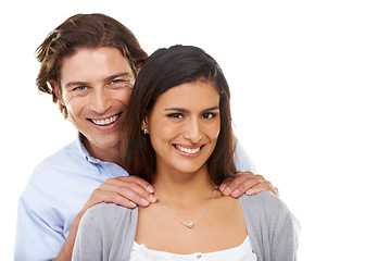 Image showing Portrait, love and couple hug in studio, smile and relax while bonding on white background. Interracial, marriage and face of man with woman for valentines day, embrace or enjoy relationship isolated