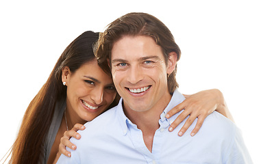 Image showing Portrait, love and couple hug in studio, happy and relax while bonding on white background. Interracial, marriage and face man with woman for valentines day, embrace and enjoy relationship isolated