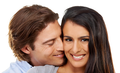 Image showing Hug, portrait and love by couple in studio, happy and relax while bonding on white background. Interracial, romance and face of man hugging woman for valentines day, embrace and relationship isolated