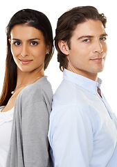 Image showing Couple, portrait smile and back together in relationship isolated against a white studio background. Happy woman and man face smiling in happiness and touching backs in romance, bonding or commitment