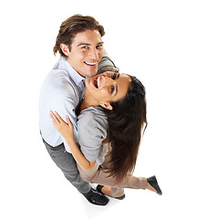 Image showing Top view, love and couple dance, portrait and happiness for romance, bonding and isolated on white studio background. Mockup, man and woman hug, dancing and romantic for relationship, dating or smile